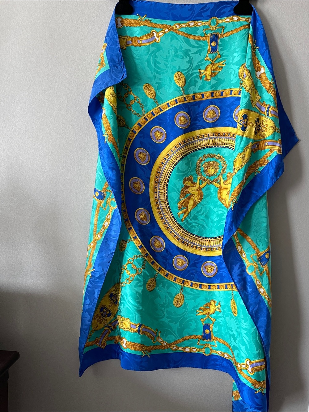 Versace vintage Turquoise, Royal Blue and Gold Baroque Medallion Silk Scarf